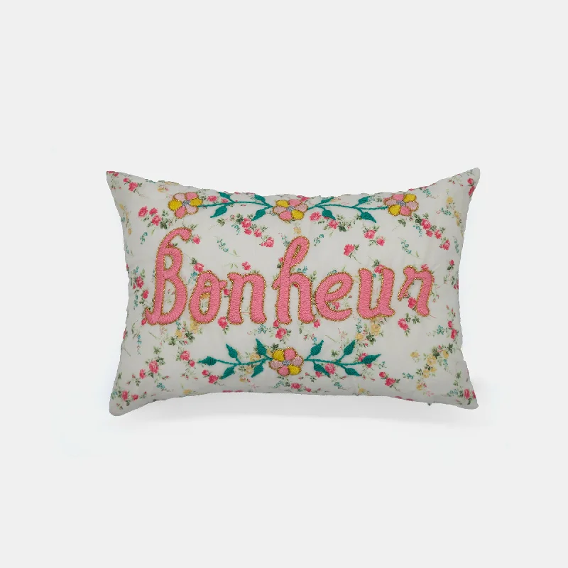 Down Alternative Pillows for Ethical ChoicesBolster Pillows for Sofa DecorationMini Bonheur Cream Pink French Embroidered Lumbar Pillow
