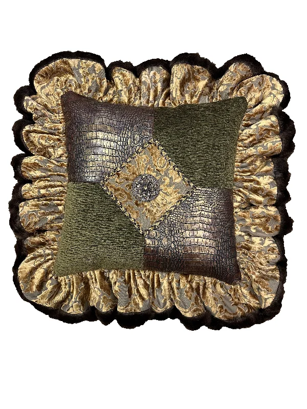 Plush Pillows for a Cozy BedOrthopedic Pillows for Back Pain ReliefOlive Green and Gold Velvet with Faux Croc Ruffled Pillow with Jeweled Medallion Plush Pillows for a Cozy BedOrthopedic Pillows for Back Pain ReliefOlive Green and Gold Velvet with Faux Croc Ruffled Pillow with Jeweled Medallion