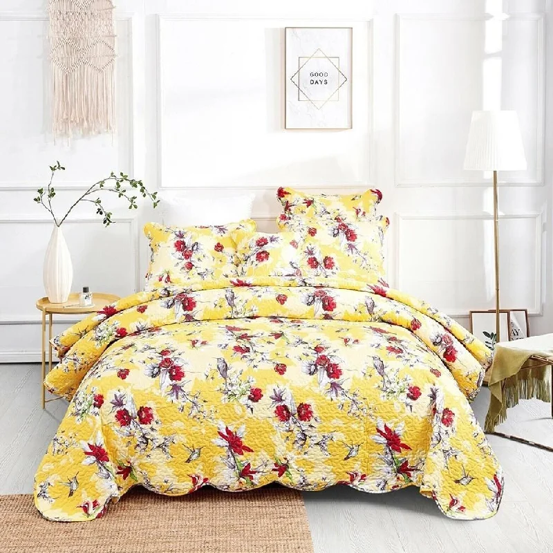 Queen - size blankets for standard - sized bedsFull Hummingbirds Floral Botanical Scalloped Bedspread Set Yellow Queen - size blankets for standard - sized bedsFull Hummingbirds Floral Botanical Scalloped Bedspread Set Yellow