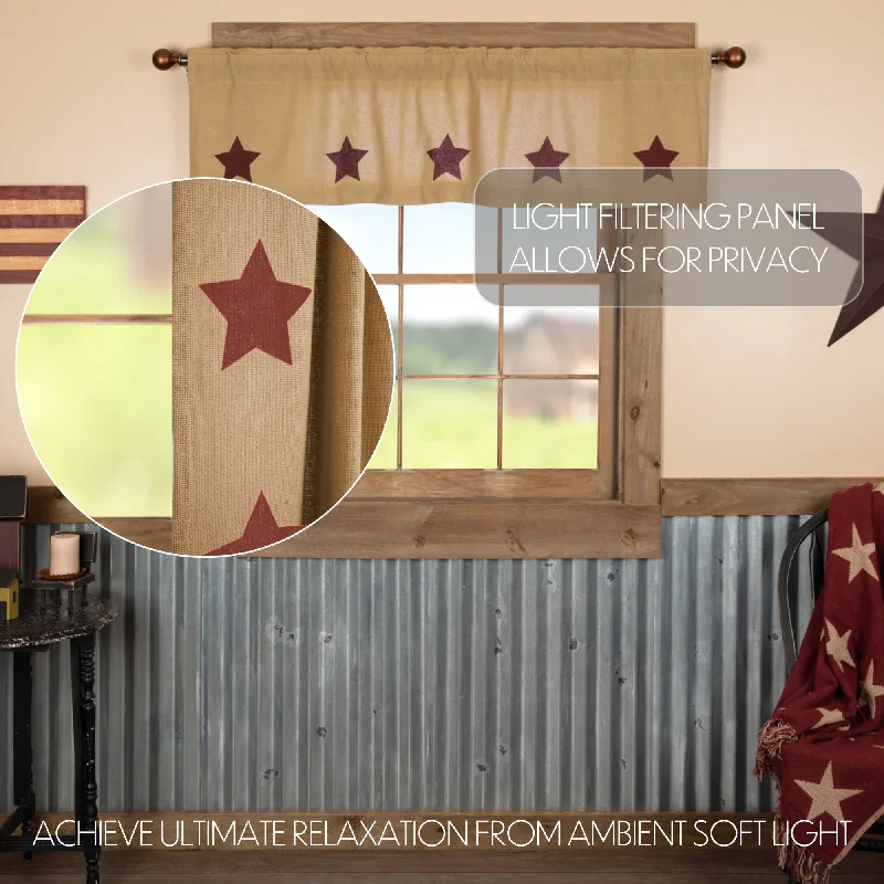 Bed skirts with a bohemian - inspired patternBurlap W/Burgundy Stencil Stars Valance 16x60 Bed skirts with a bohemian - inspired patternBurlap W/Burgundy Stencil Stars Valance 16x60