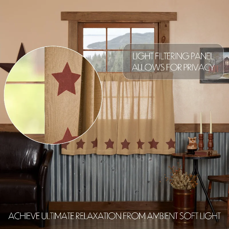 Bed skirts with a shabby - chic styleBurlap w/Burgundy Stencil Stars Tier Set of 2 L36xW36 Bed skirts with a shabby - chic styleBurlap w/Burgundy Stencil Stars Tier Set of 2 L36xW36