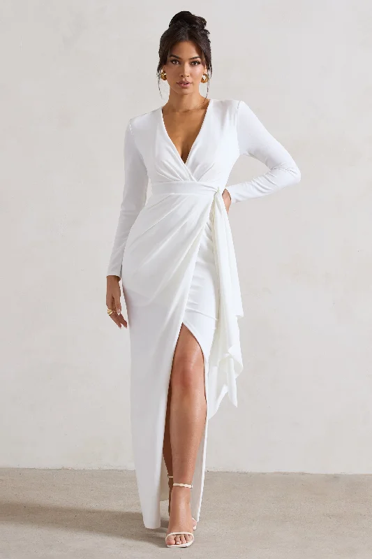 Odetta | White Plunge-Neck Wrap Maxi Dress With Tie Waist