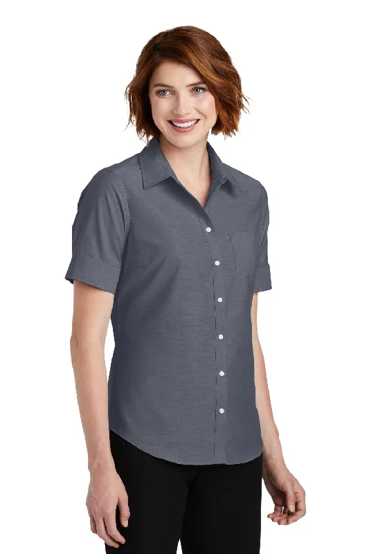 Port Authority Womens SuperPro Oxford Wrinkle Resistant Short Sleeve Button Down Shirt w/ Pocket - Black