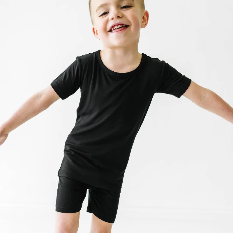 Solid Black Two-Piece Short Sleeve & Shorts Pajama Set