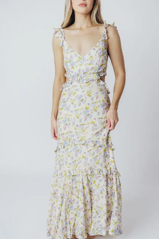 ASTR Rebecca Maxi Dress in Taupe Purple Floral