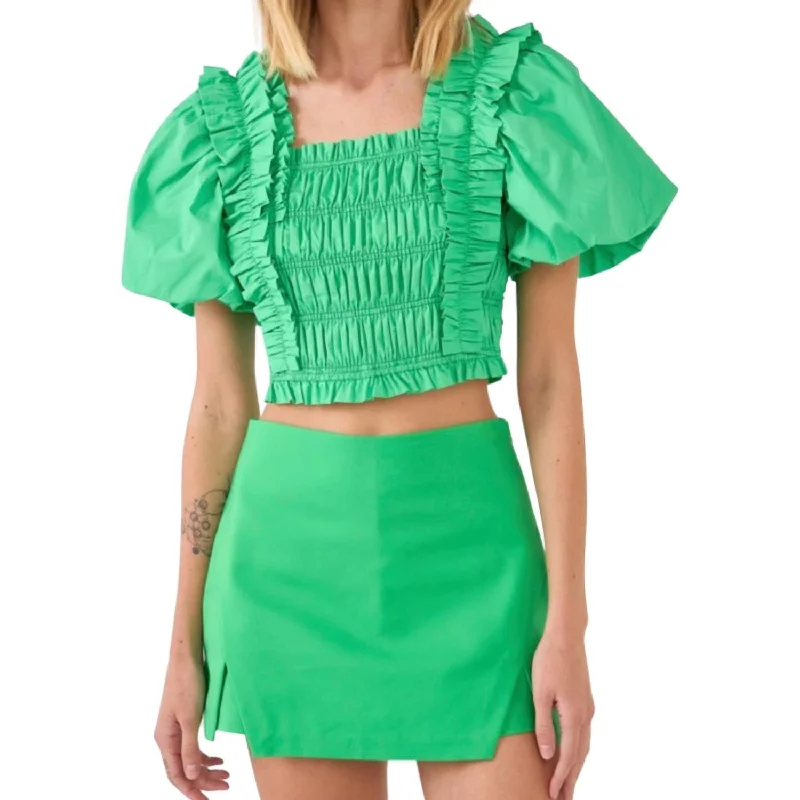 Feeling Fun Puff Sleeve Top In Green