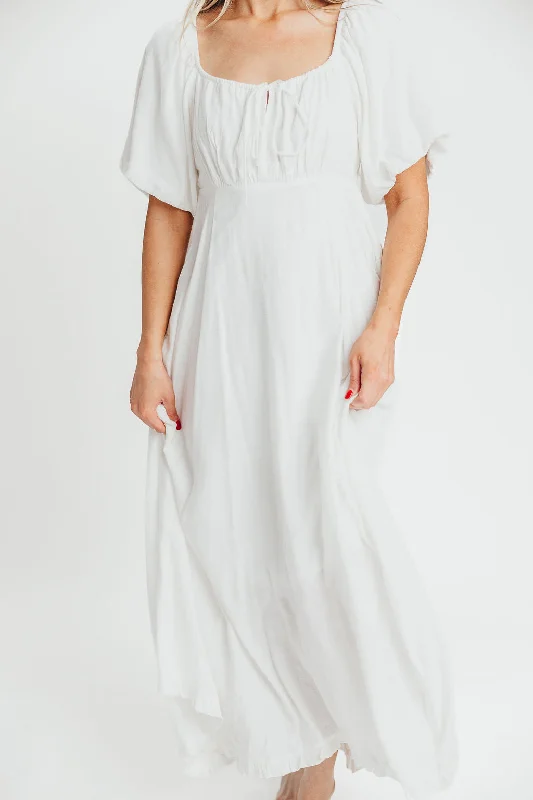 Chesley Puffed Sleeve Maxi Dress with Front Tie Detail in White - Bump Friendly