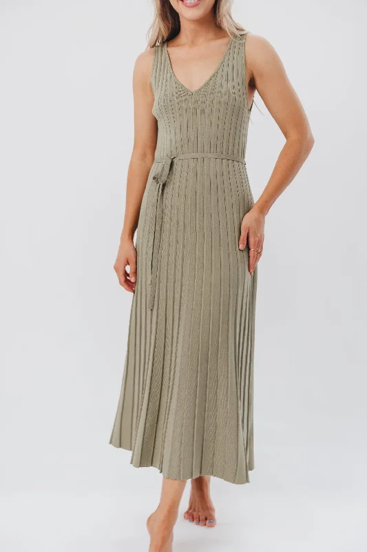 Marissa Knit Maxi Dress with Pleated Skirt and Tie Waist in Light Olive