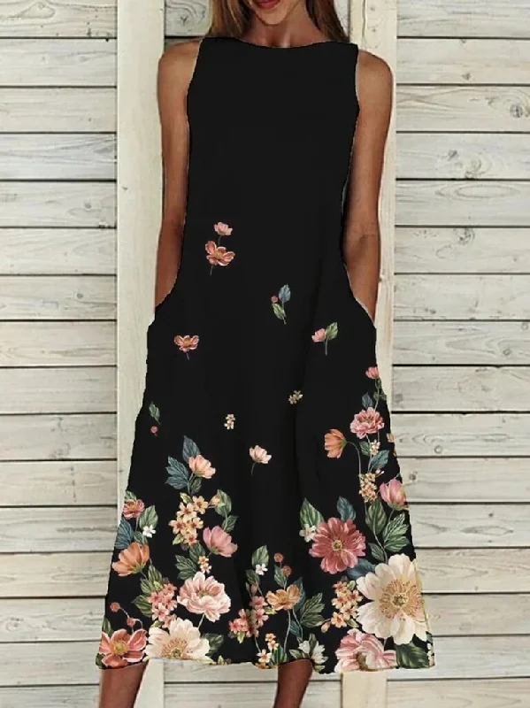 Loose Floral Print Pocket Dress