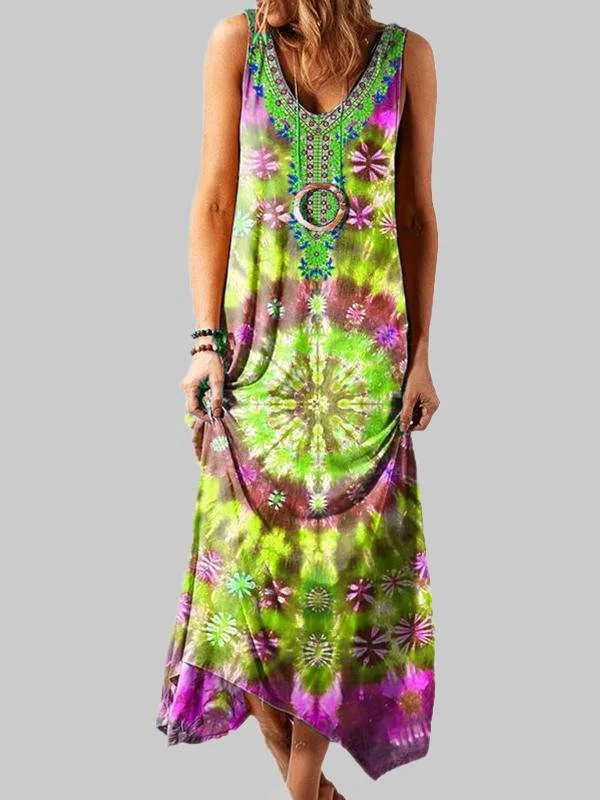 National Style Loose Printed Sleeveless Long Dress