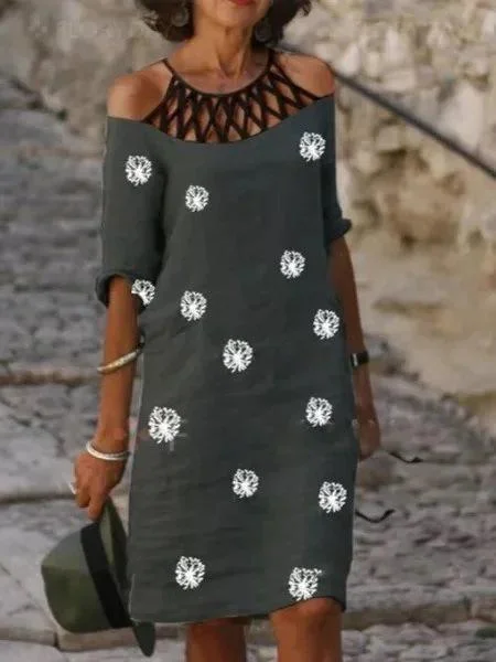 Printed Mesh Neck Midi Dress