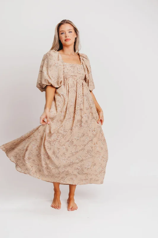 Melody Maxi Dress with Pleats and Bow Detail in Tan Floral - Bump Friendly & Inclusive Sizing (S-3XL)