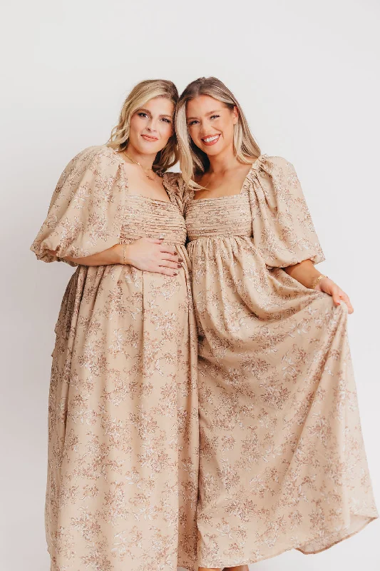 Melody Maxi Dress with Pleats and Bow Detail in Tan Floral - Bump Friendly & Inclusive Sizing (S-3XL)