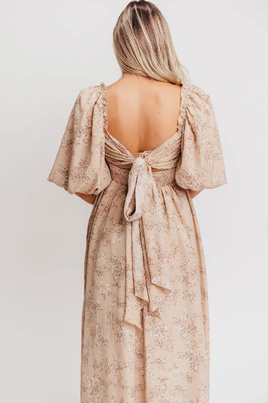 Melody Maxi Dress with Pleats and Bow Detail in Tan Floral - Bump Friendly & Inclusive Sizing (S-3XL)