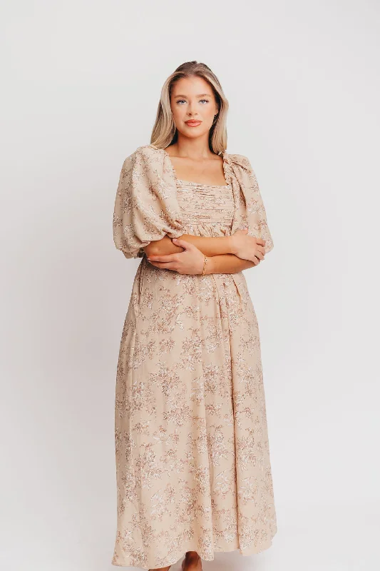 Melody Maxi Dress with Pleats and Bow Detail in Tan Floral - Bump Friendly & Inclusive Sizing (S-3XL)