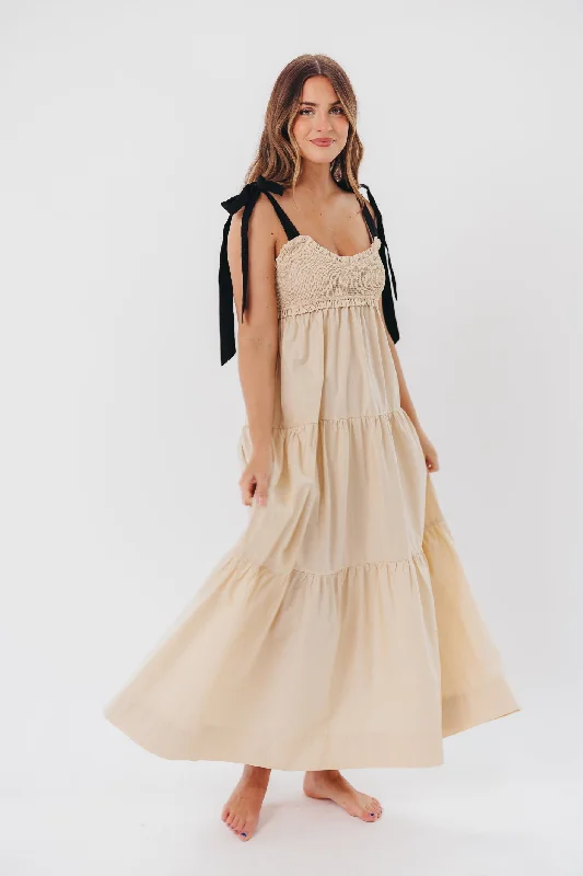 Amber Smocked Maxi Dress with Shoulder Tie in Taupe/Black