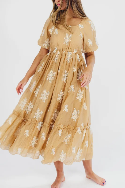 Hallie Embroidered Maxi Dress in Camel - Bump Friendly & Inclusive Sizing (S-3XL)