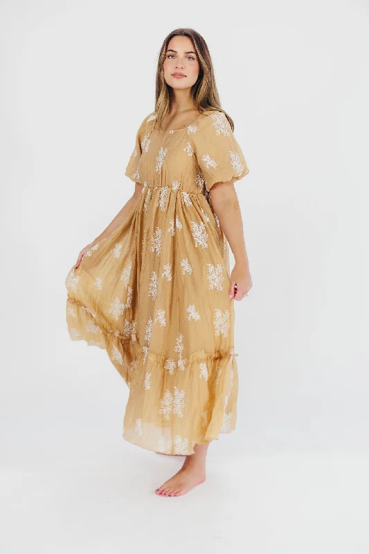 Hallie Embroidered Maxi Dress in Camel - Bump Friendly & Inclusive Sizing (S-3XL)