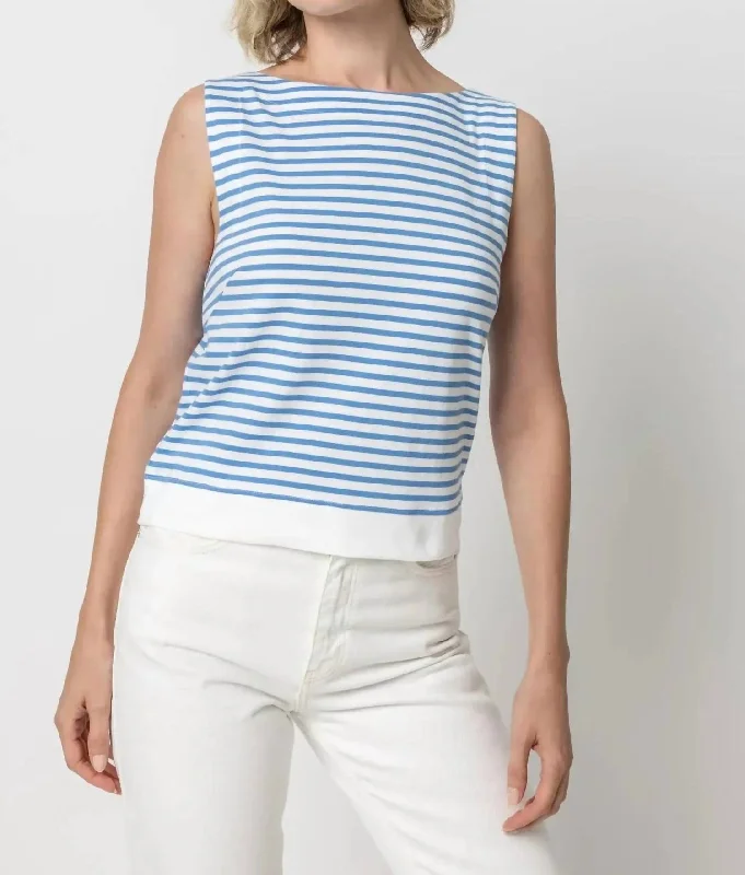 Striped Rib Trim Tank Top In Marina Stripe