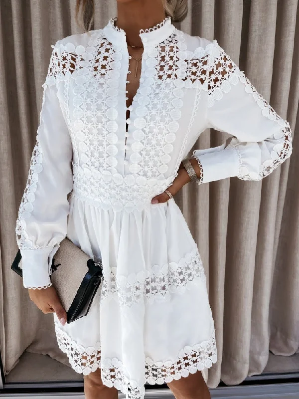 Women's Dresses Lace Hollow Button Long Sleeve Dress