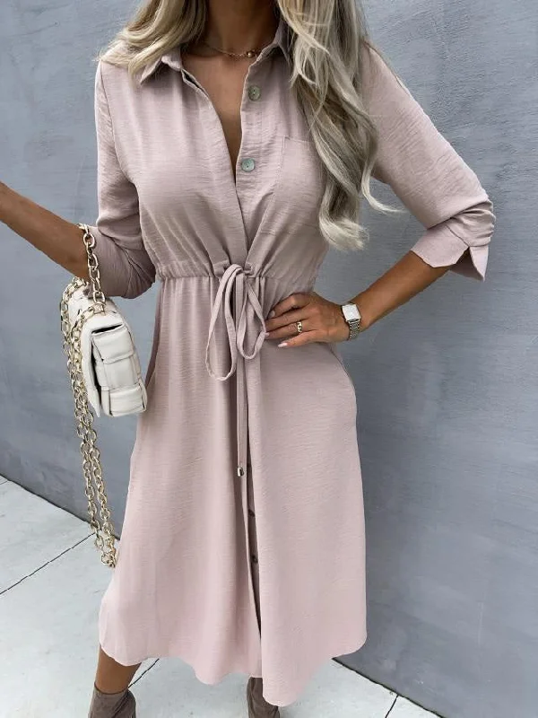 Women's Dresses Lapel Button Belted Mid Sleeve Dress