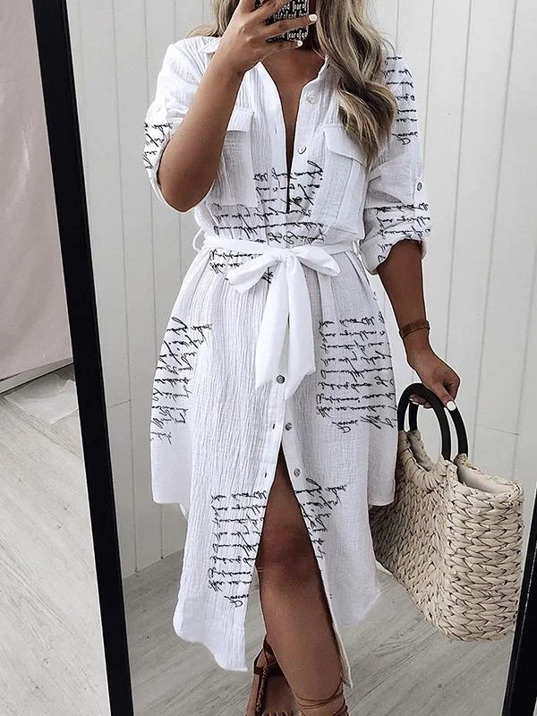 Women's Dresses Letter Print Pocket Long Sleeve Shirt Dress