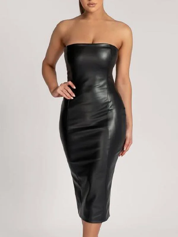 Women's Dresses Tube Top Slim Back Split PU Leather Dress