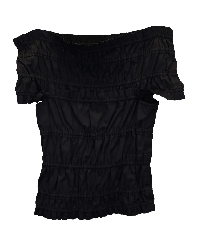 Yves Saint Laurent Smocked Off Shoulder Top in Black Cotton