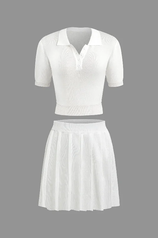 Solid Knit Polo Top And Pleated Mini Skirt Set