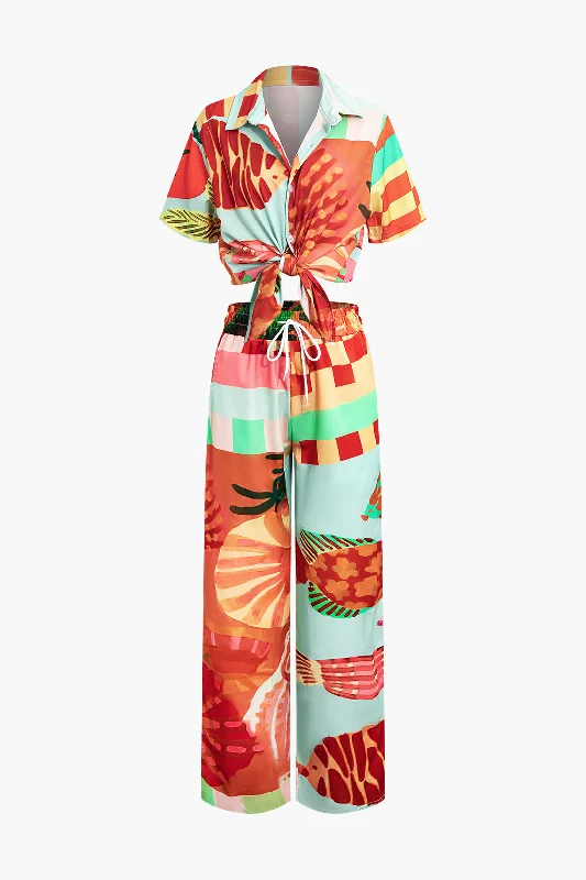 Geometric Print Pocket Shirt And Wide Leg Trousers Set