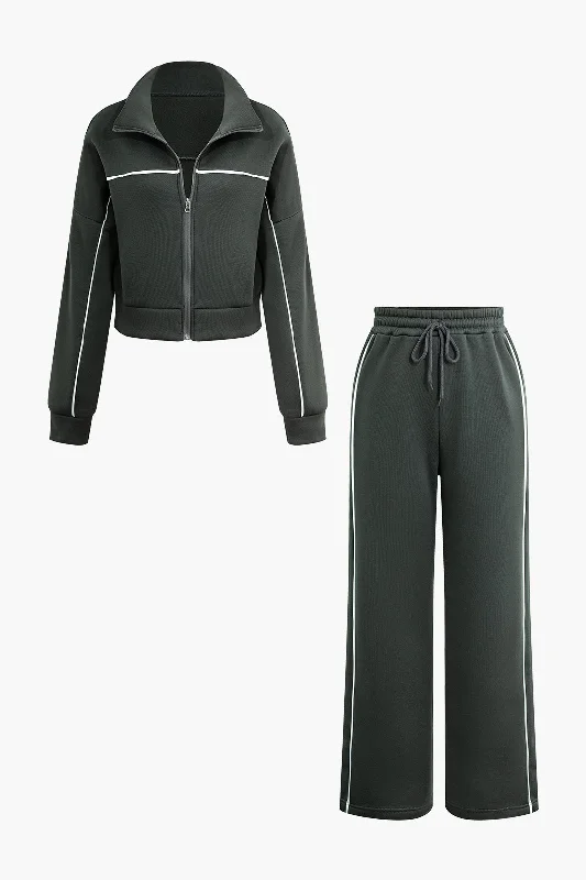 Contrast Zipper Trousers Set