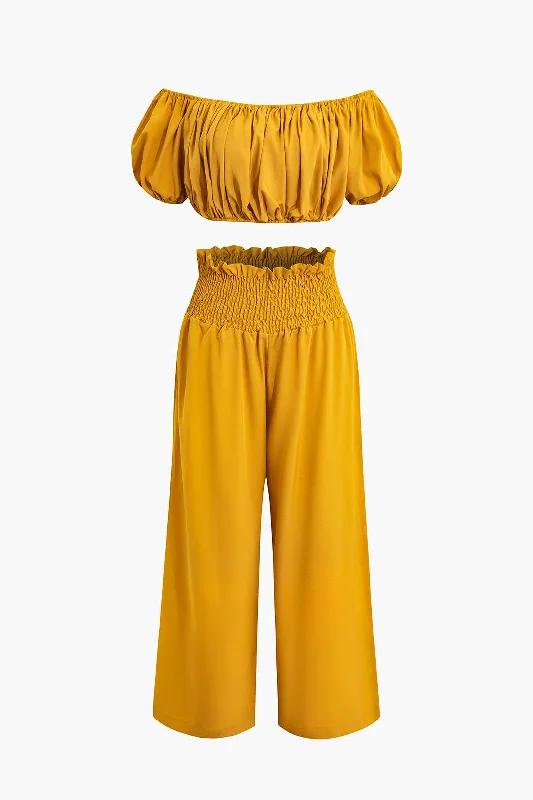 Pleated Off Shoulder Crop Tube Top And Wide Leg Pants Set