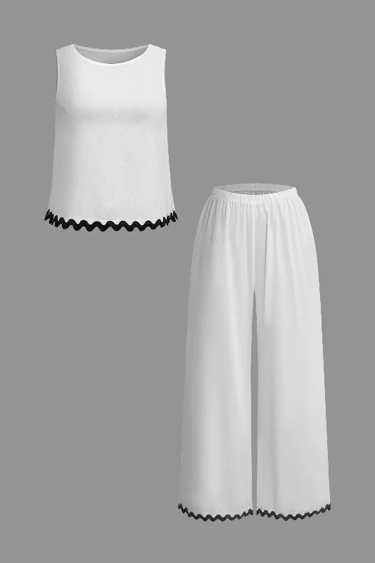 Contrast Sleeveless Top And Wide Leg Pants Set