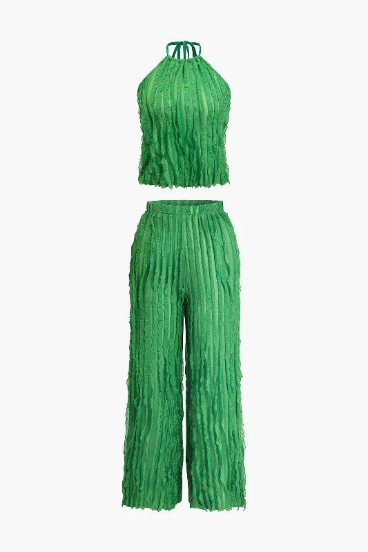 Ruffled Textured Halter Crop Top And Wide-Leg Pants Set