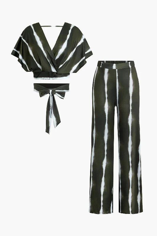 Striped V-neck Crop Top And Wide Leg Pants Set