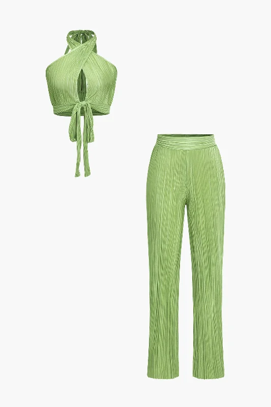 Solid Tie Front Crossed Pleated Trousers Set