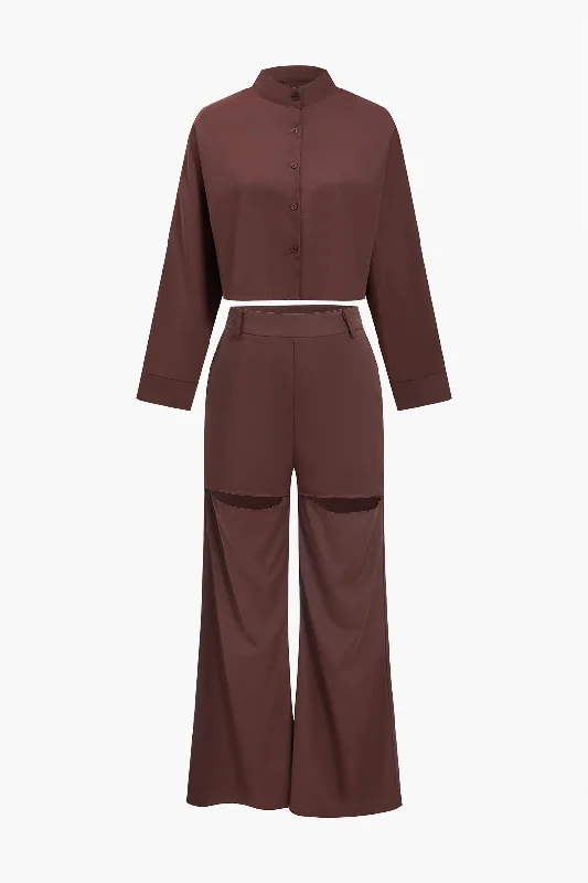 Solid Long Sleeve Shirt And Cut Out Trouser Set