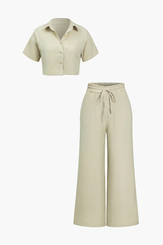 Basic Solid Crop Shirt And Drawstring Wide Leg Trousers Set