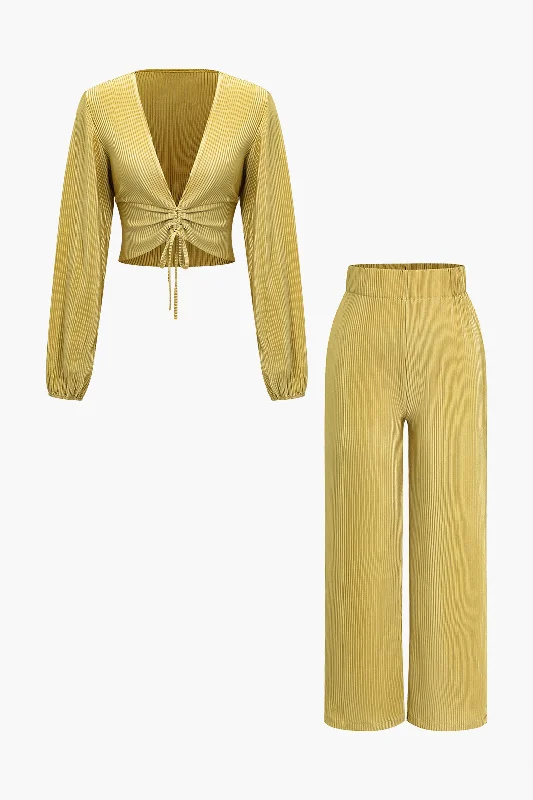 Solid Pleated V-Neck Top And Trousers Set