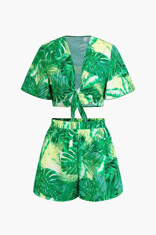 Leaf Print Tie Front Crop Top and Elastic Waist Shorts Set