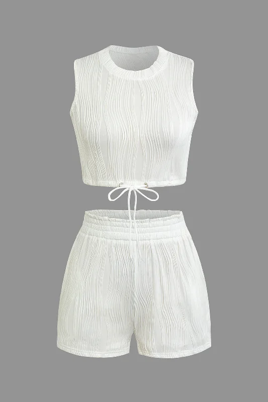 Textured Sleeveless Crop Top And Drawstring Shorts Set