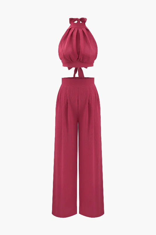 Halter Neck Backless Top And Pleated Pants Set