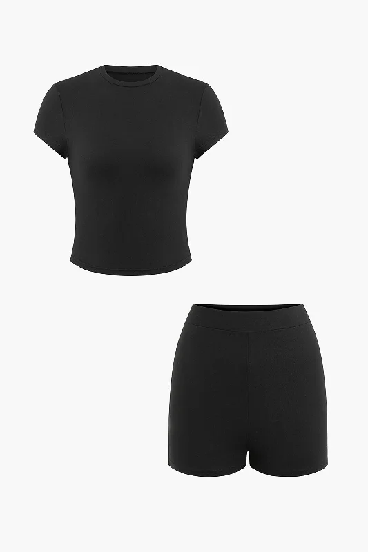 Basic Solid Round Neck T-shirt And Shorts Set