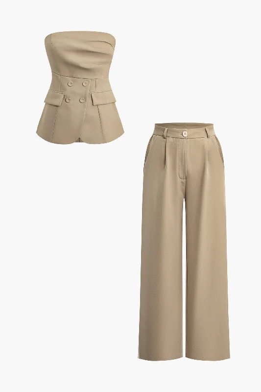 Solid  Double Button Tube Top And Trouser Set