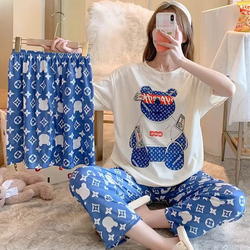 Pajamas Female 3-Piece Set Of Summer Short-Sleeved Korean Version Of The Students Large Size New Home Wear Suit Suit Pajamas Set