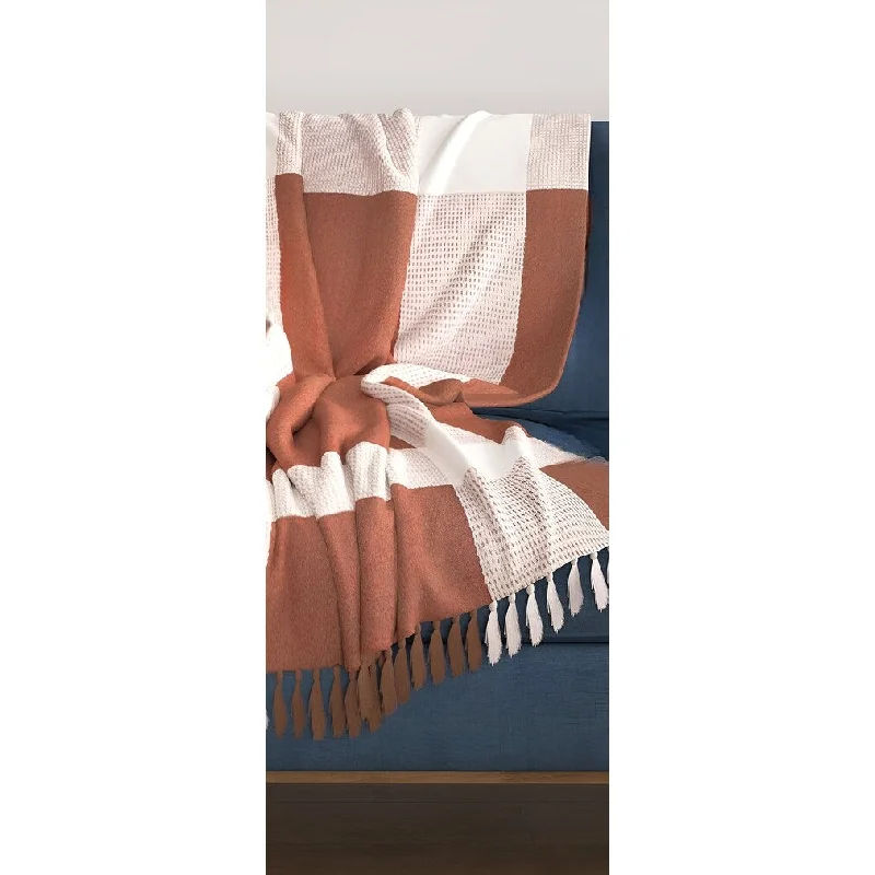 Fleece blankets for a cozy and plush texture50" X 60" Brown and White Woven Cotton Checkered Throw Blanket with Fringe