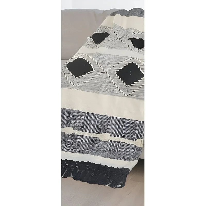 Queen - size blankets for standard - sized beds60" X 50" Black and Blue Woven Cotton Striped Throw Blanket with Tassels