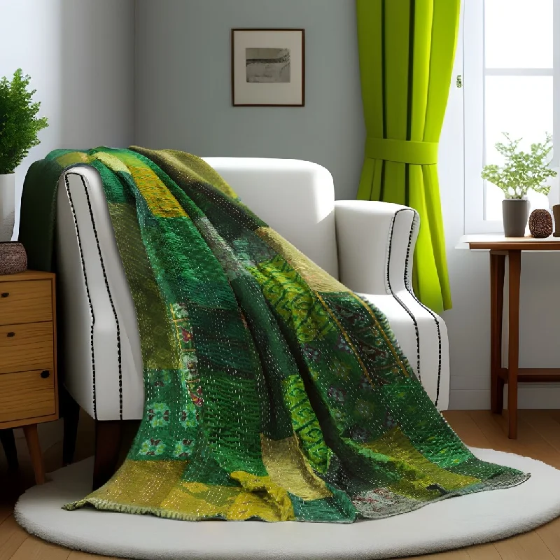 Cashmere blankets for ultimate softness and luxury70" X 50" Green Kantha Silk Patchwork Throw Blanket with Embroidery Cashmere blankets for ultimate softness and luxury70" X 50" Green Kantha Silk Patchwork Throw Blanket with Embroidery