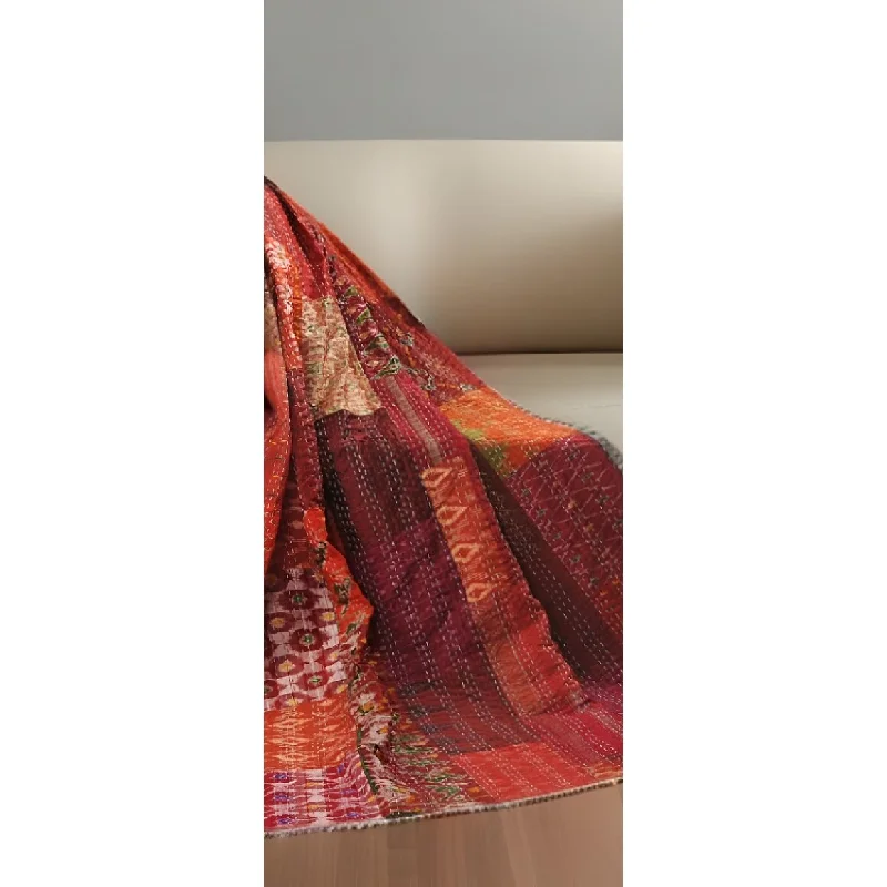 Queen - size blankets for standard - sized beds70" X 50" Red Kantha Silk Patchwork Throw Blanket with Embroidery
