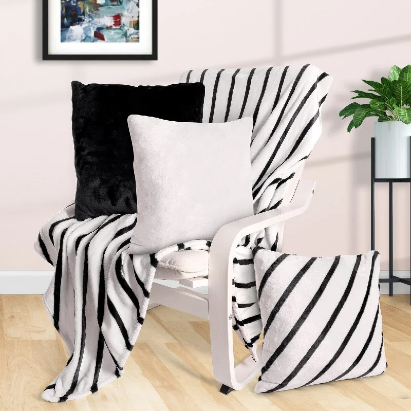 Rayon from bamboo blankets for a silky and breathable feelBlack and White with Stripes Flannel Throw Blanket and 3 Pillow Cases Rayon from bamboo blankets for a silky and breathable feelBlack and White with Stripes Flannel Throw Blanket and 3 Pillow Cases